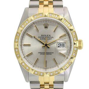 ROLEX DATEJUST SILVER INDEX DIAL PYRAMID-DIAMOND 18KY-STEEL JUBILEE 36 MM 16233